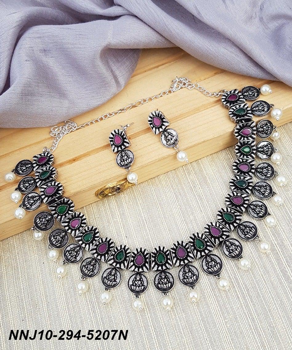 Silver Oxidised short Necklace set with Champaign Multicolour stones for all occasions Any Attire NNJ10-29