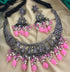 Silver Oxidised short Necklace set with Pink colour stones for all occasion