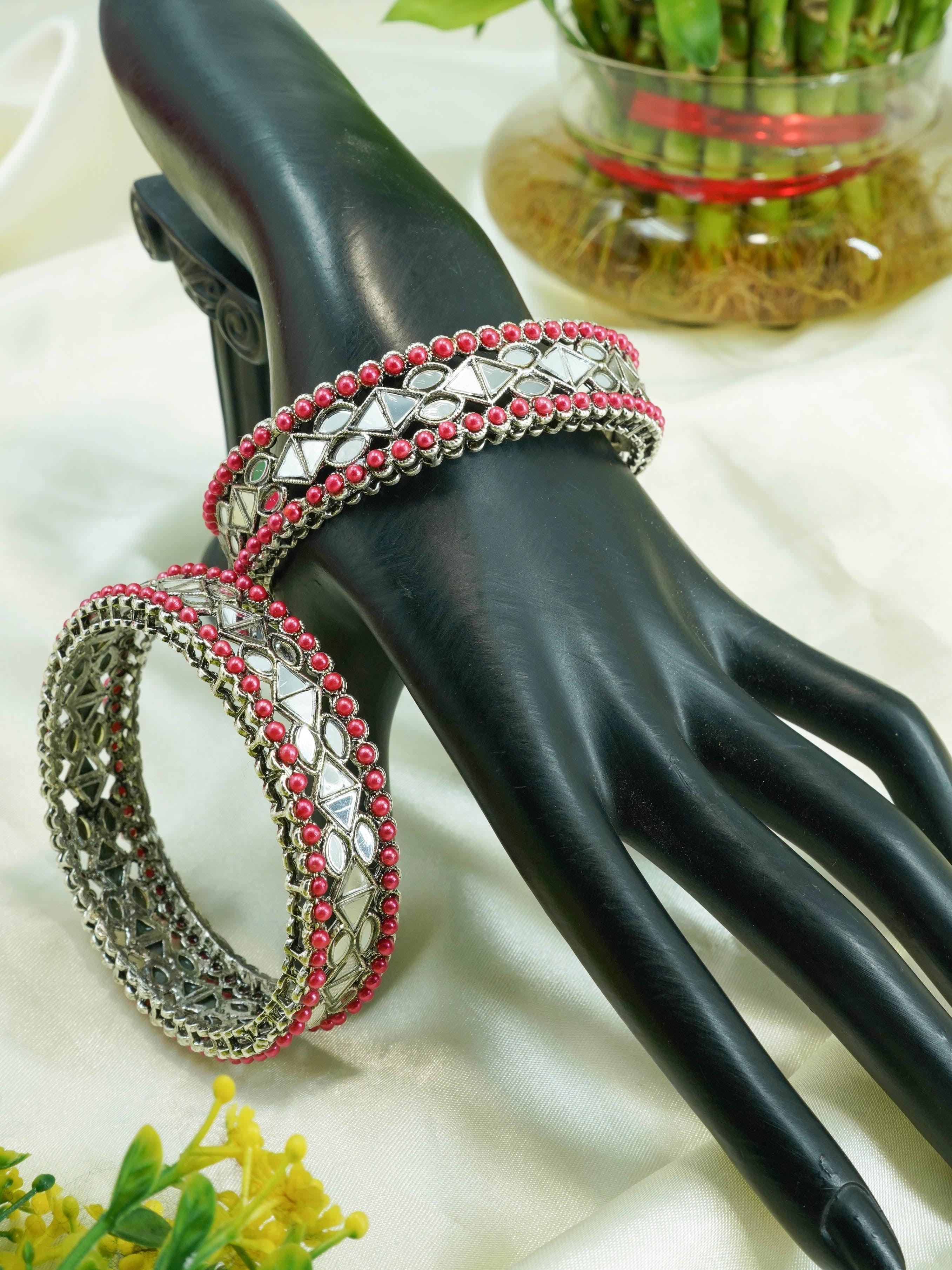 Silver Plated Oxidised Set of 2 Bangles with Maroon beads - Griiham
