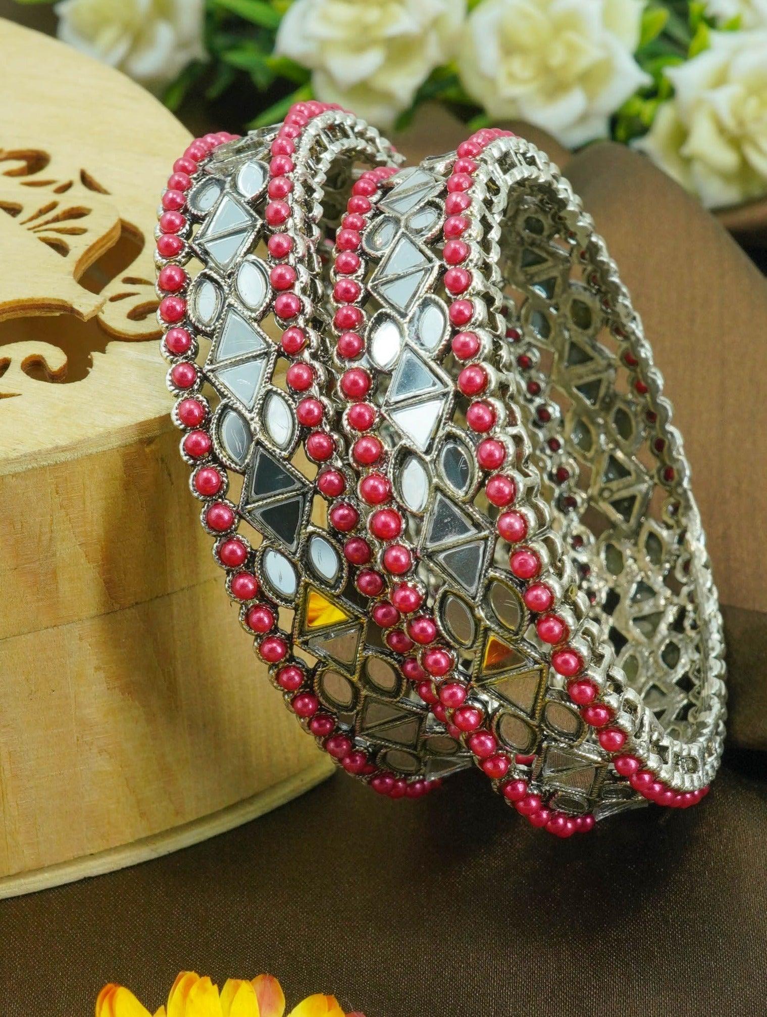 Silver Plated Oxidised Set of 2 Bangles with Maroon beads