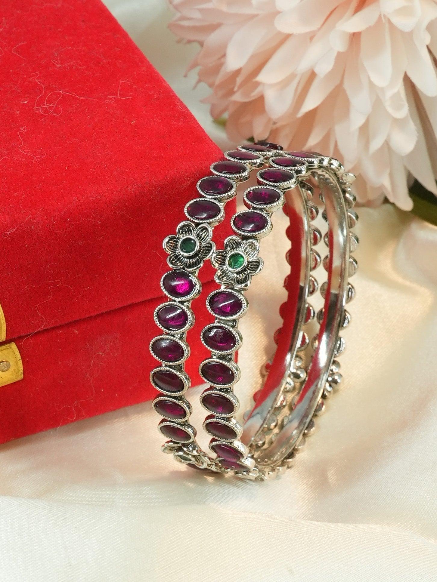 Silver Plated Oxidised Set of 2 Bangles with Maroon stones