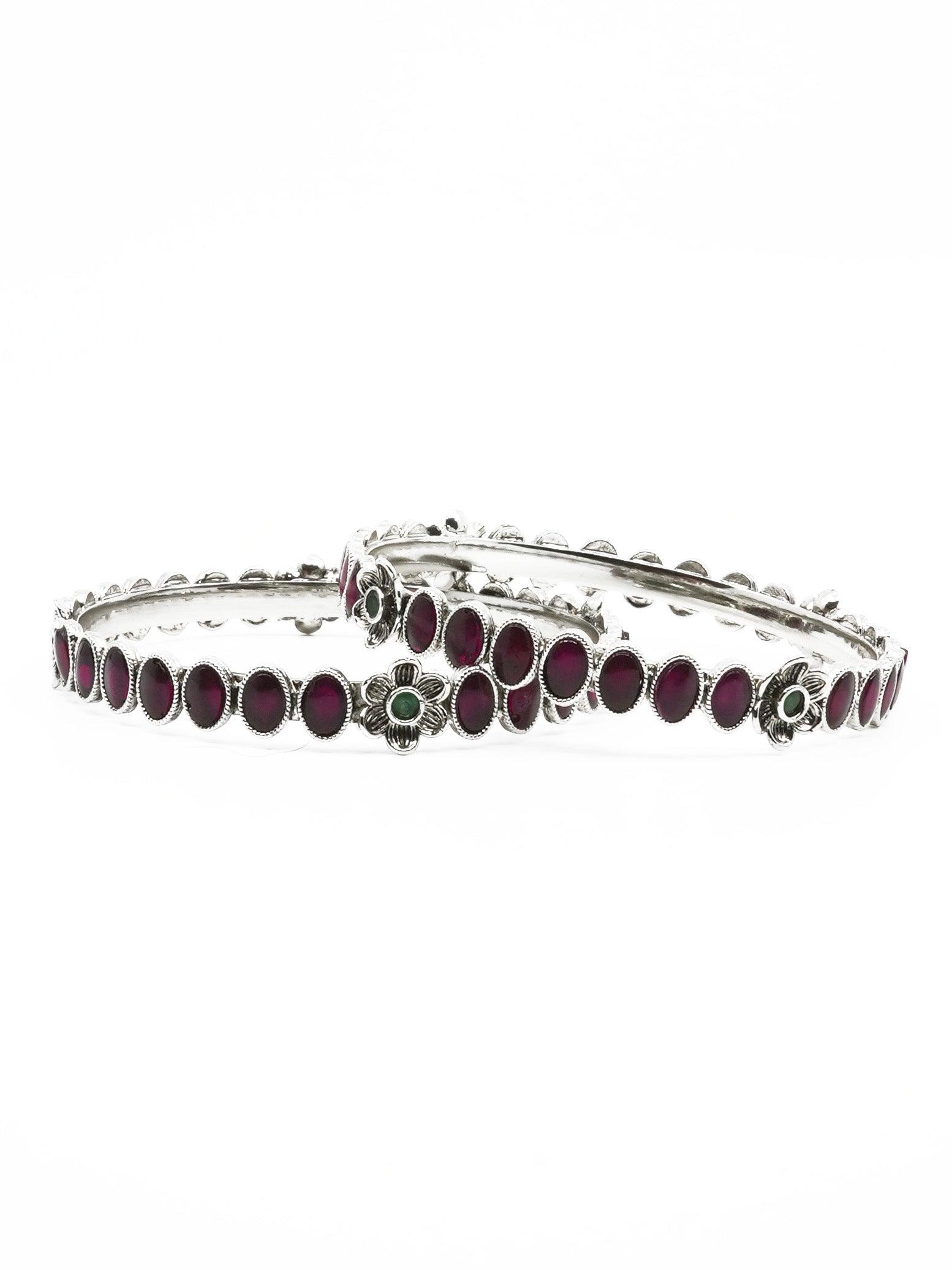 Silver Plated Oxidised Set of 2 Bangles with Maroon stones - Griiham