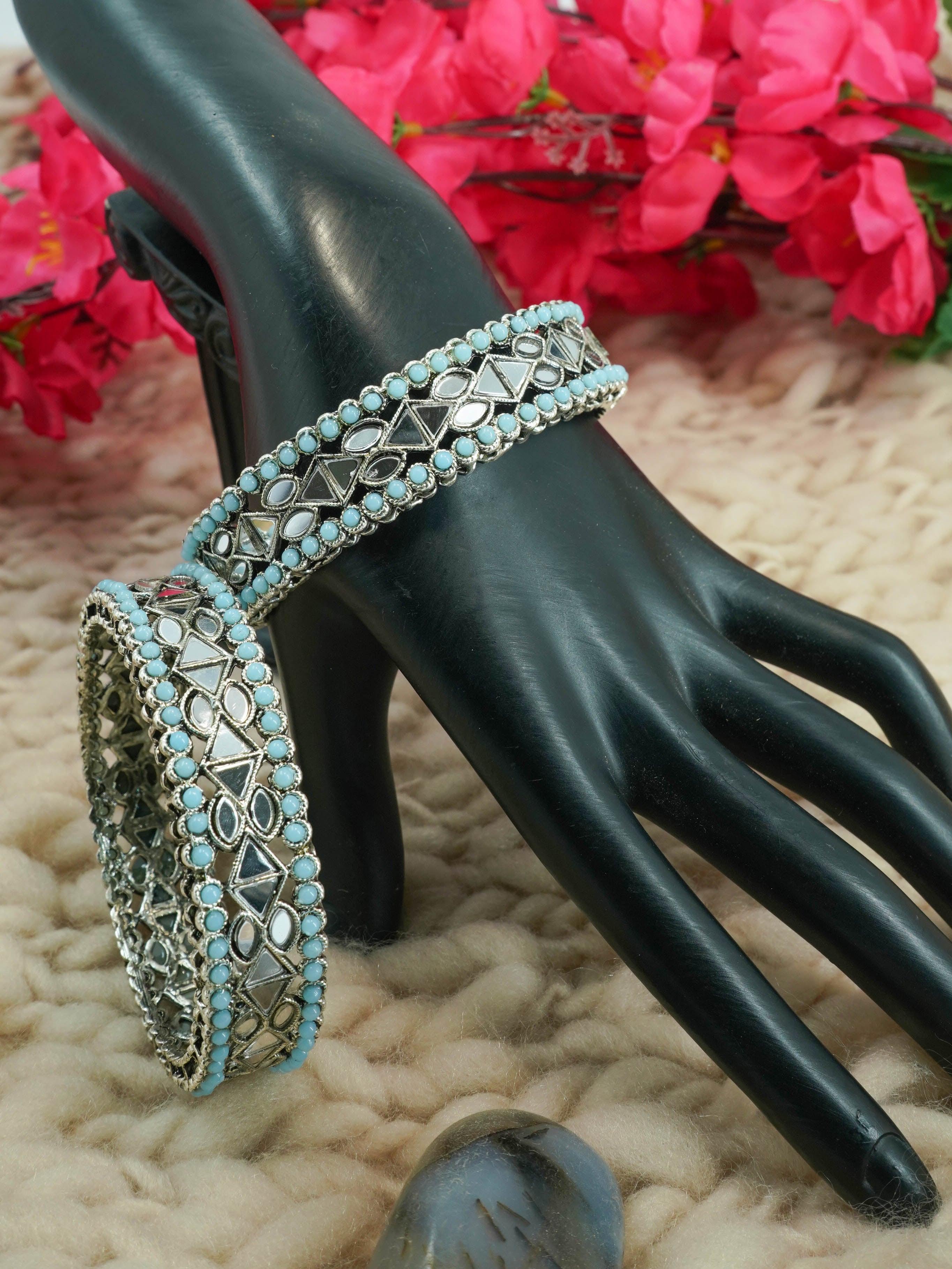 Silver Plated Oxidised Set of 2 Bangles with blue beads - Griiham