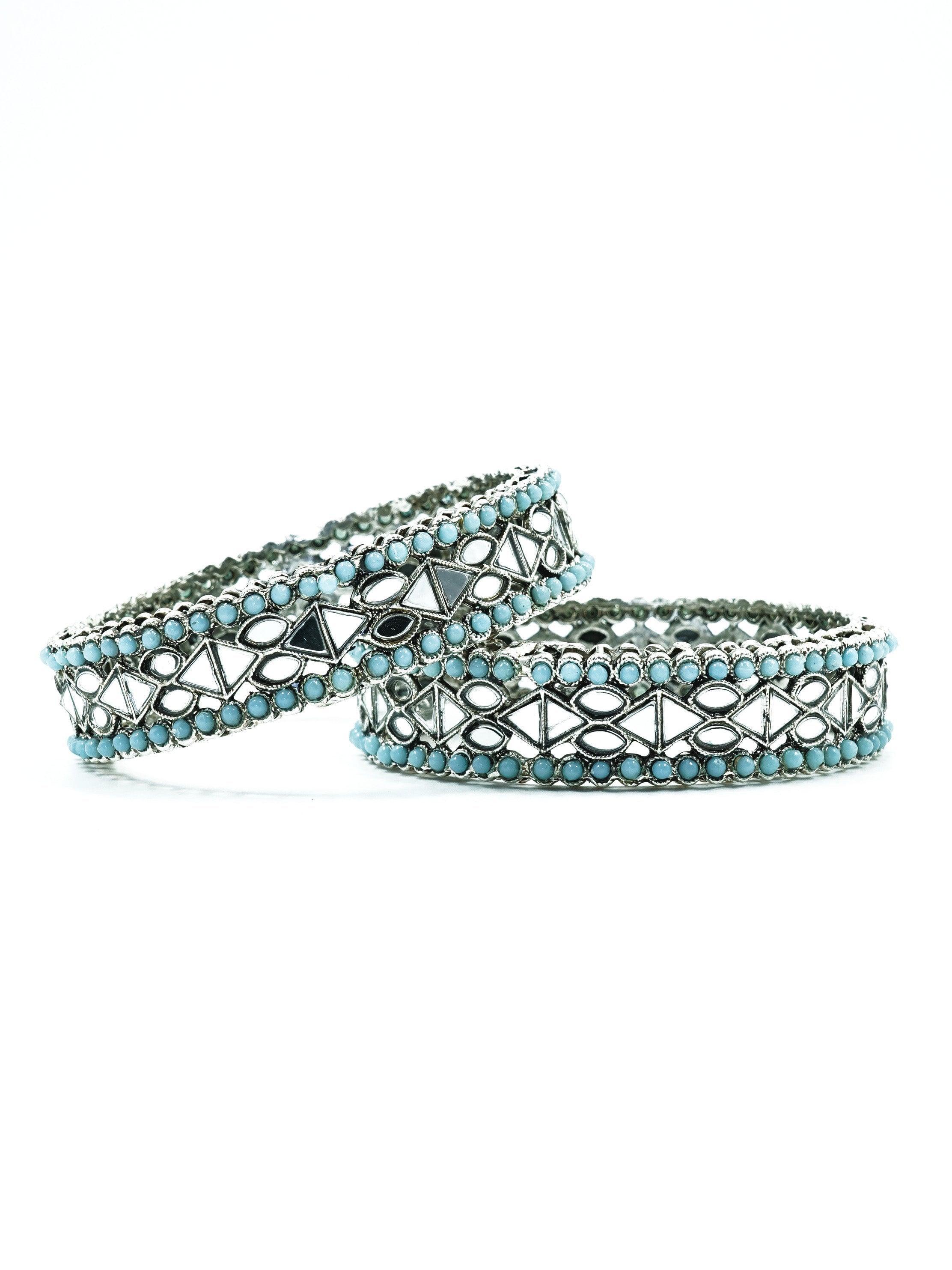 Silver Plated Oxidised Set of 2 Bangles with blue beads - Griiham