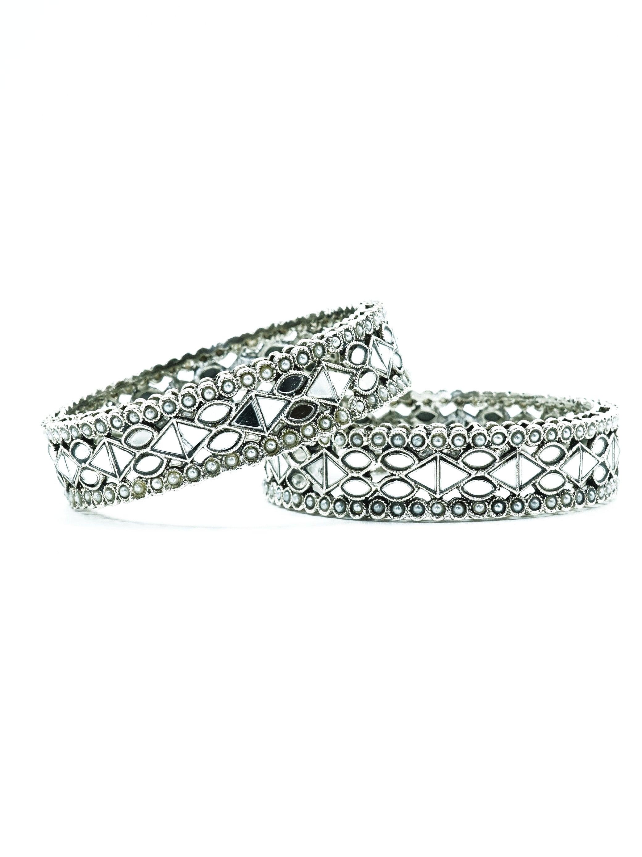 Silver Plated Oxidised Set of 2 Bangles with white beads - Griiham