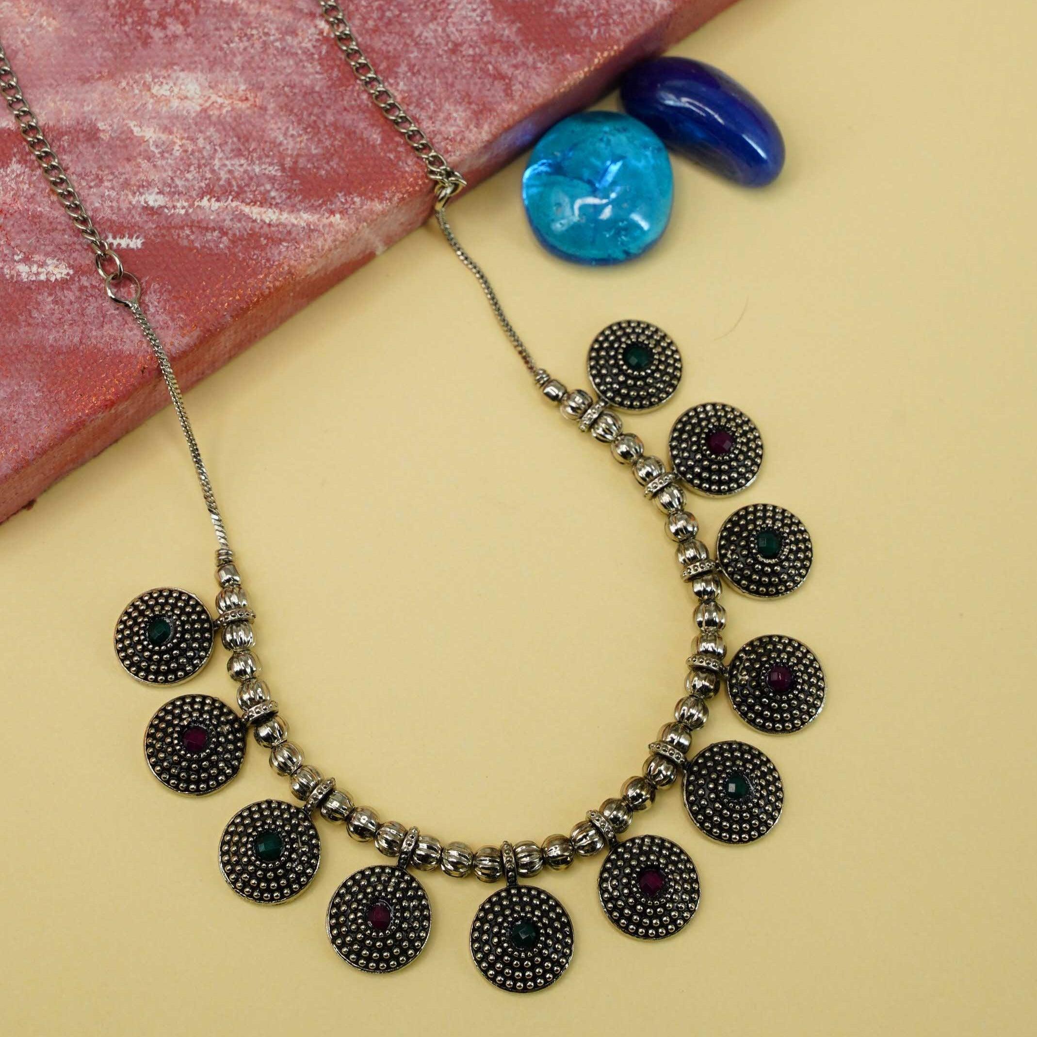 Silver Plated oxidised designer Necklace with Black Stones 9726N - Griiham