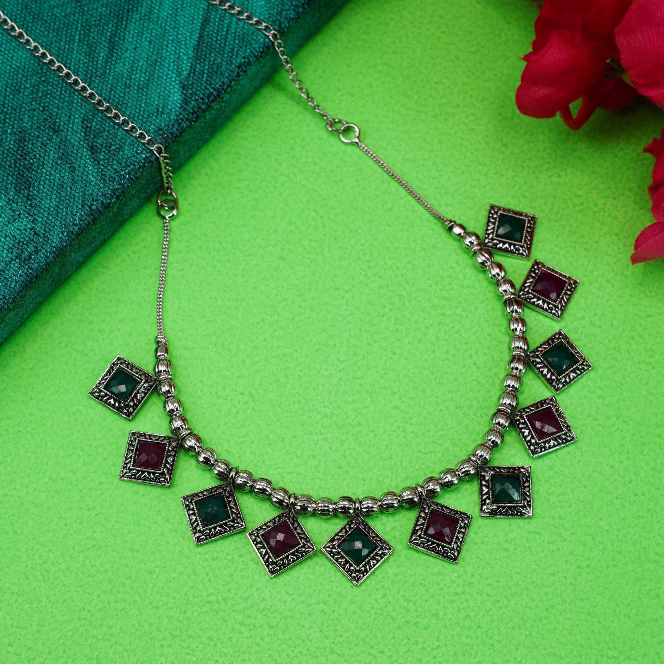 Silver Plated oxidised designer Necklace with Stone