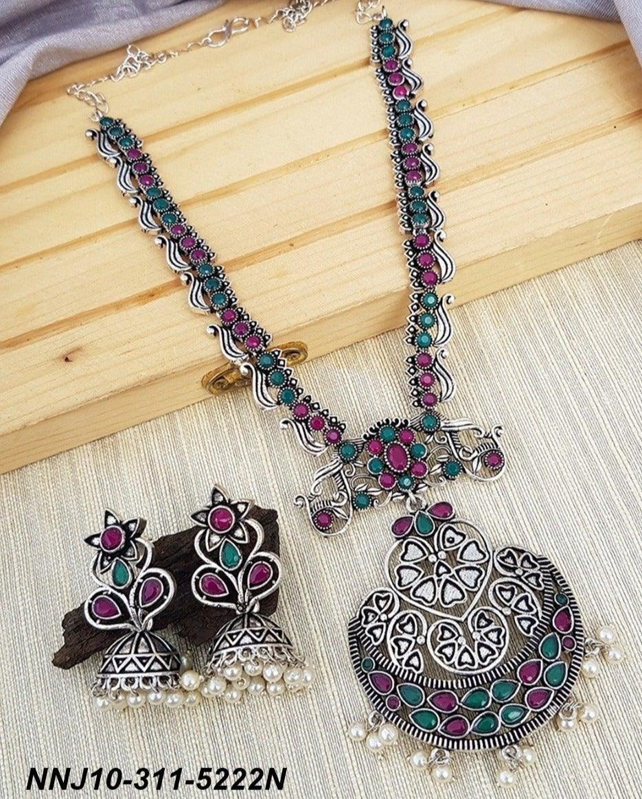 Silver oxidised Multicolour stone necklace set NNJ10-31