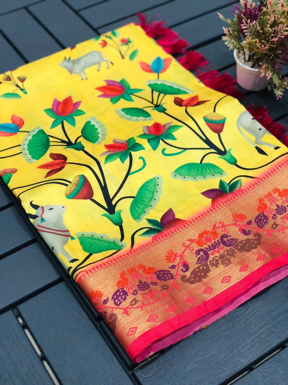 Soft paithani Semi-silk Block kalamkari Print Designed Party Wear Saree 15520N-1 - Griiham