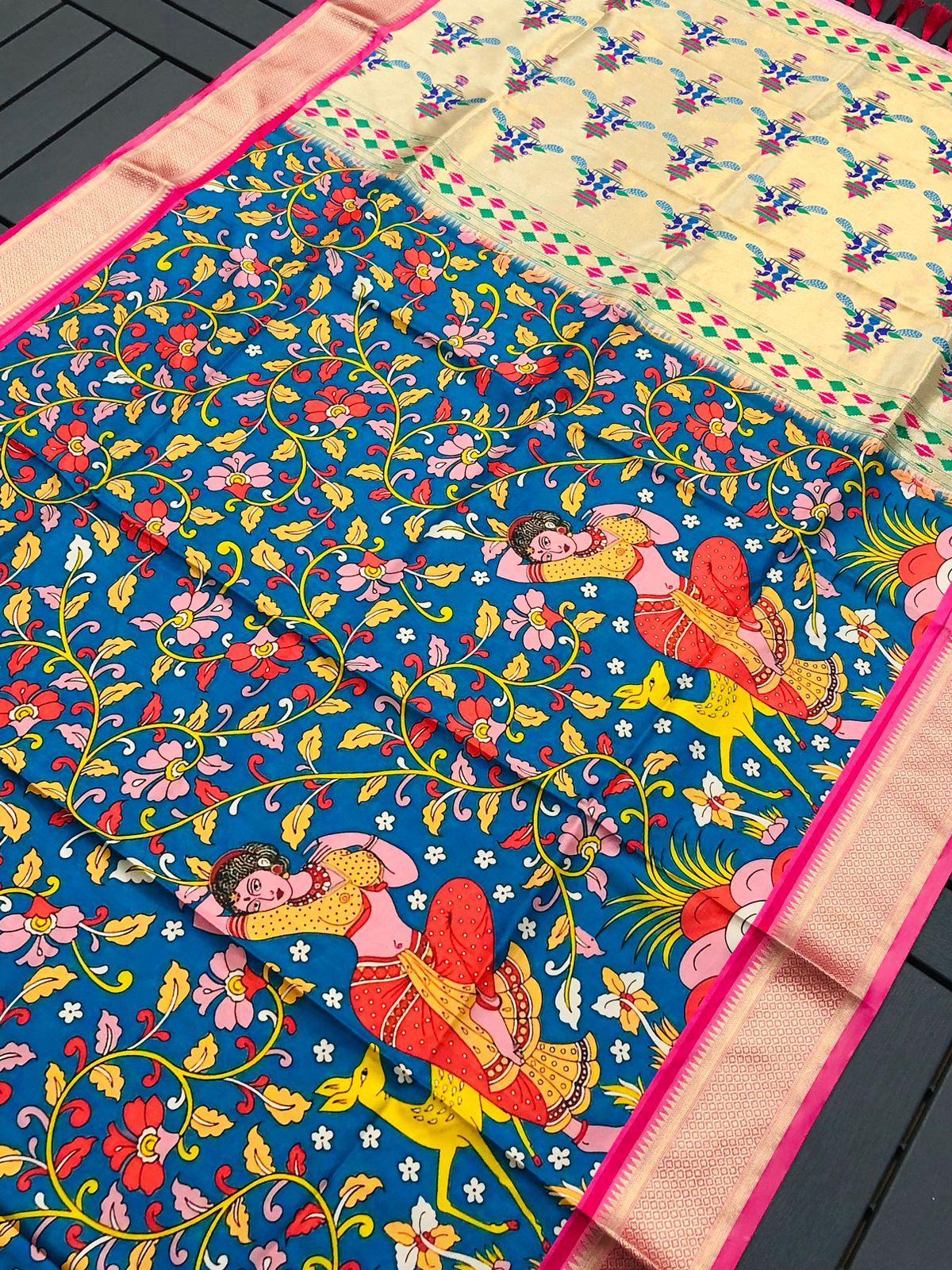 Soft paithani Semi-silk Block kalamkari Print Designed Party Wear Saree 15643N -1 - Griiham