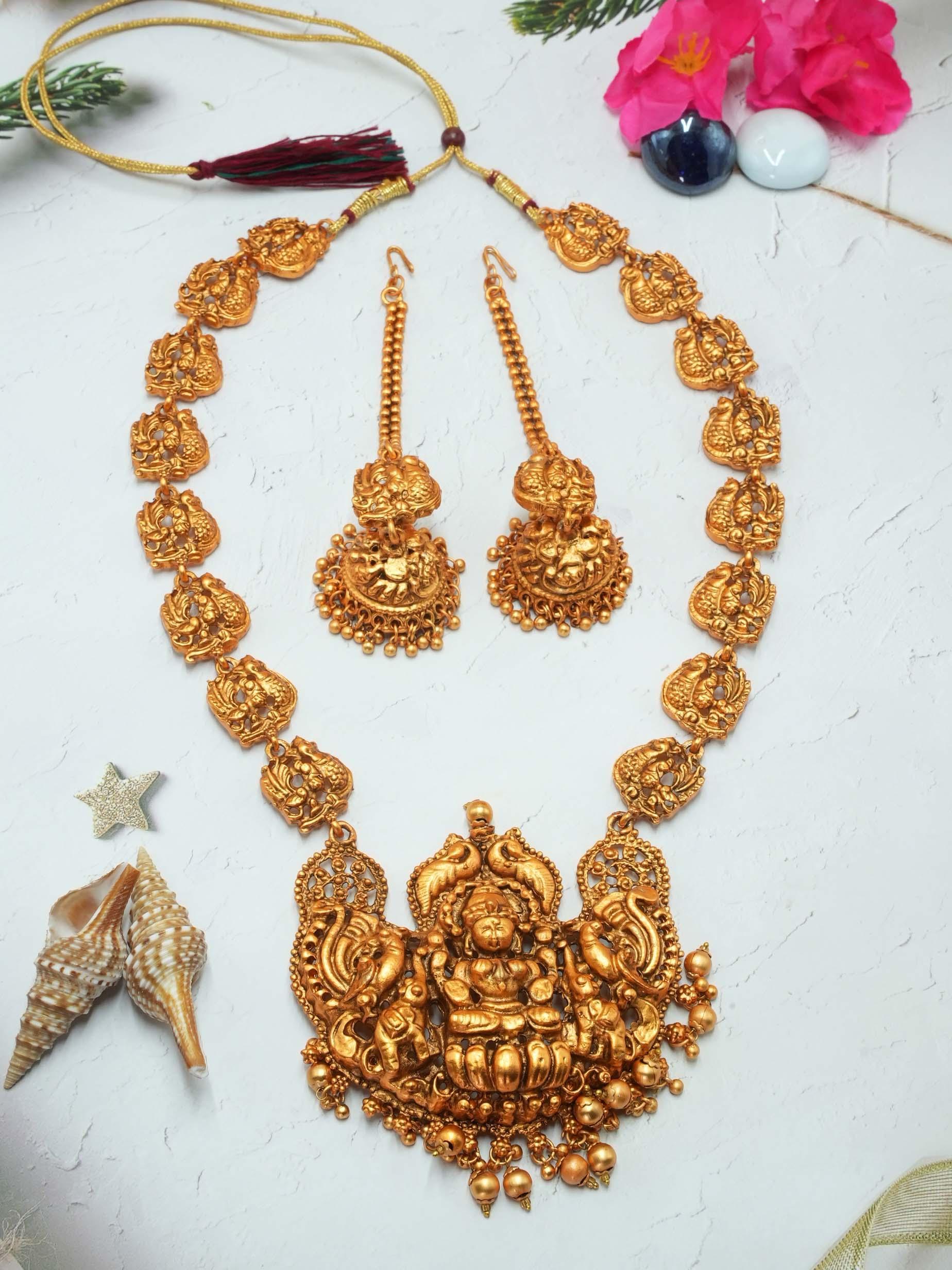 Temple Design Laxmi Motif Studded Premium Matt Polish Necklace set 22 inches Long NEcklace, /Haram/Aaram NSN07-490-4547N - Griiham