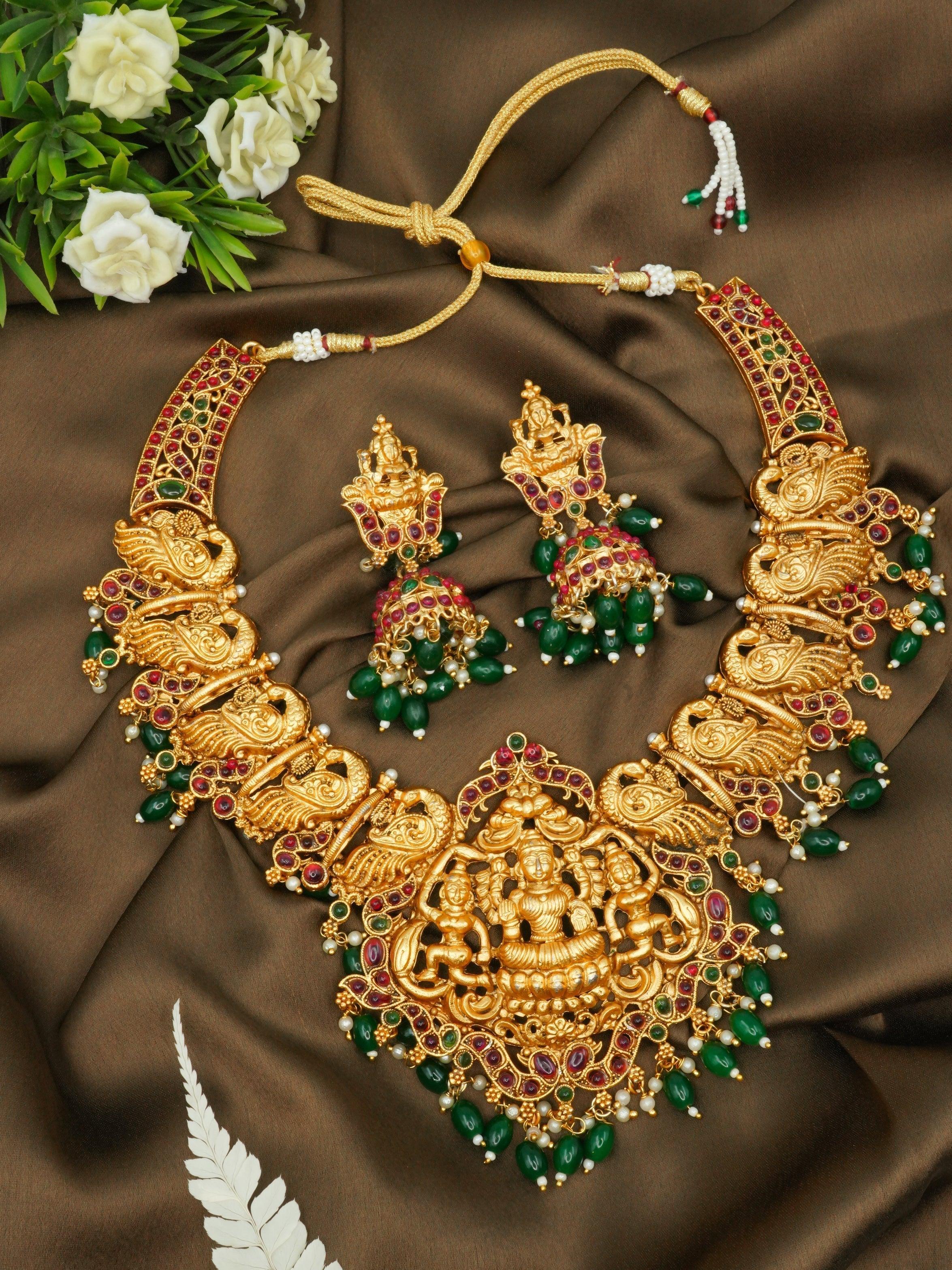 Temple design Necklace with green beads hanging Exclusive Designer Necklace 10107N - Griiham