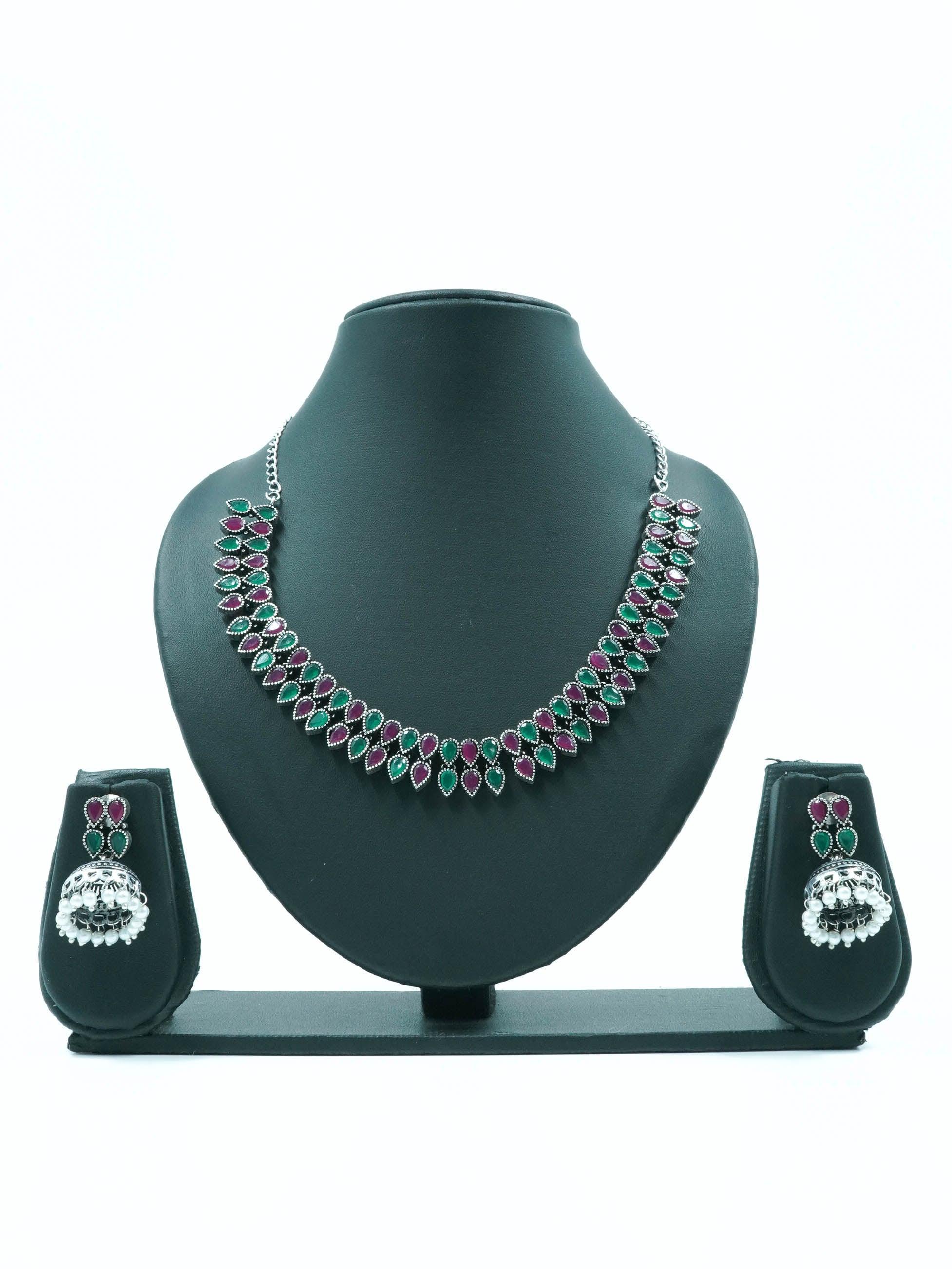 Two Line Classy Oxidised Necklace Set with different colour stones Options 11942N - Griiham