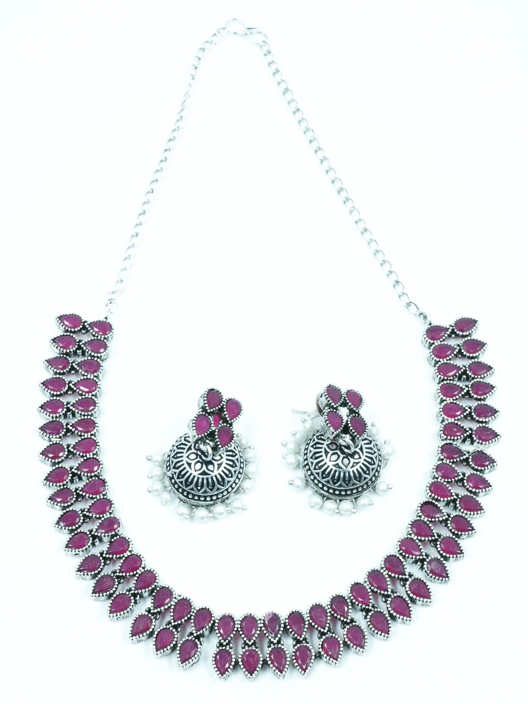 Two Line Classy Oxidised Necklace Set with different colour stones Options 11942N - Griiham