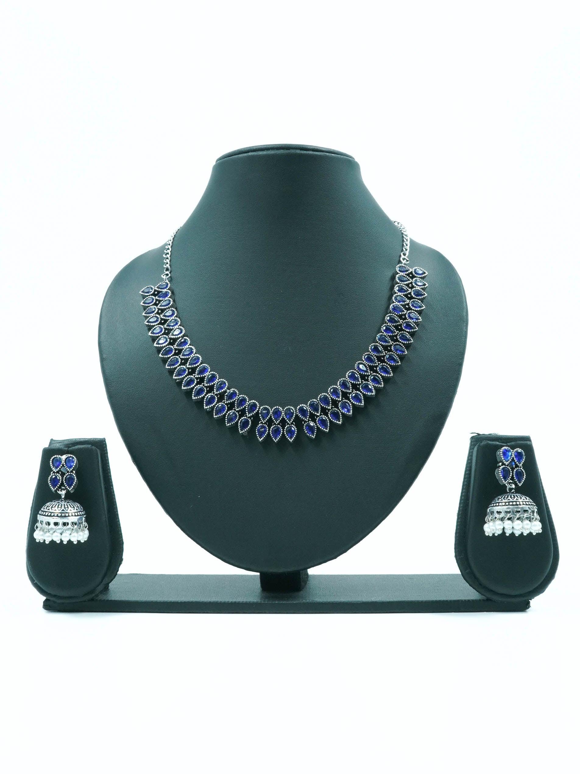 Two Line Classy Oxidised Necklace Set with different colour stones Options 11942N - Griiham