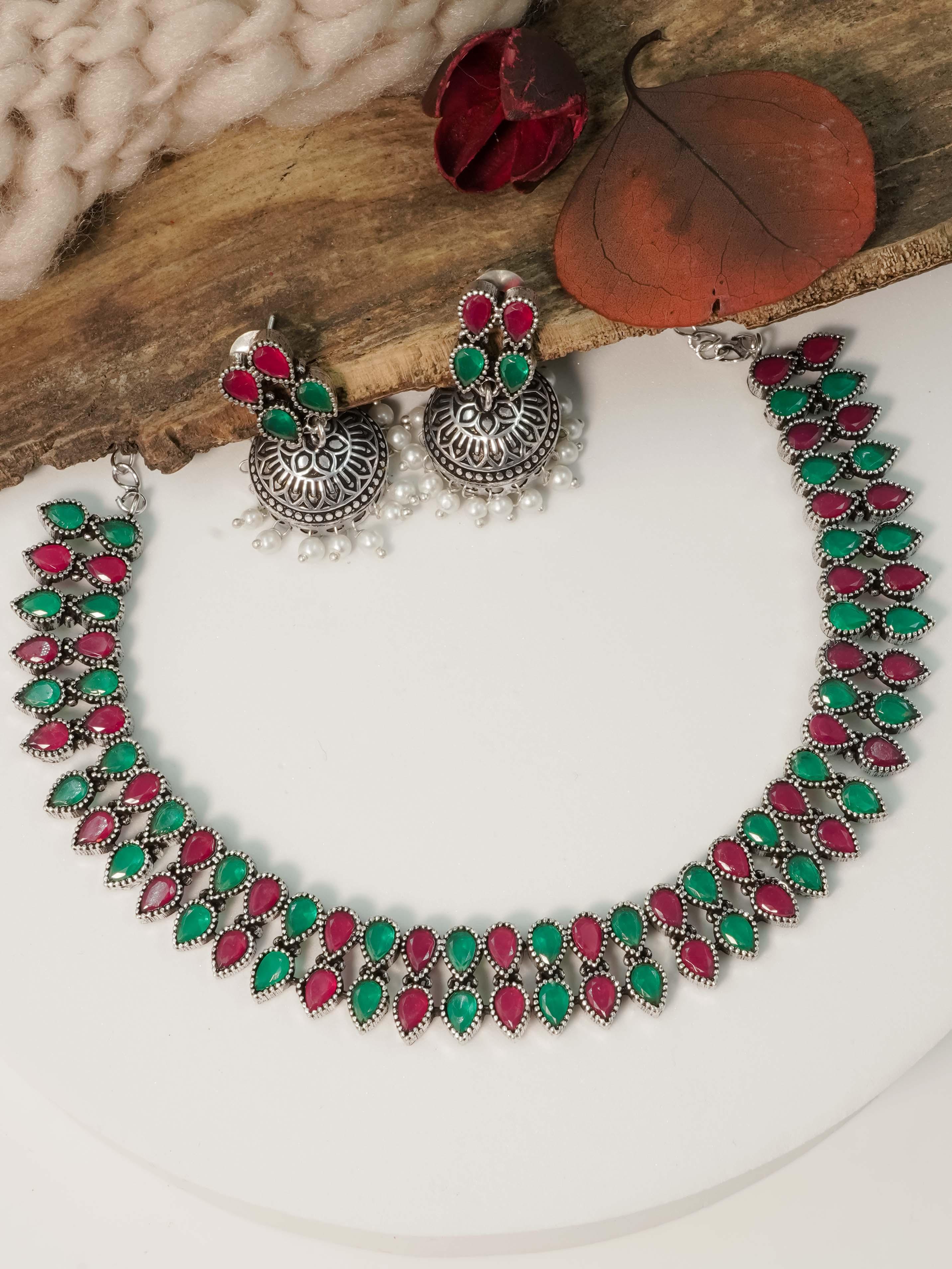 Two Line Classy Oxidised Necklace Set with different colour stones Options 11942N - Griiham