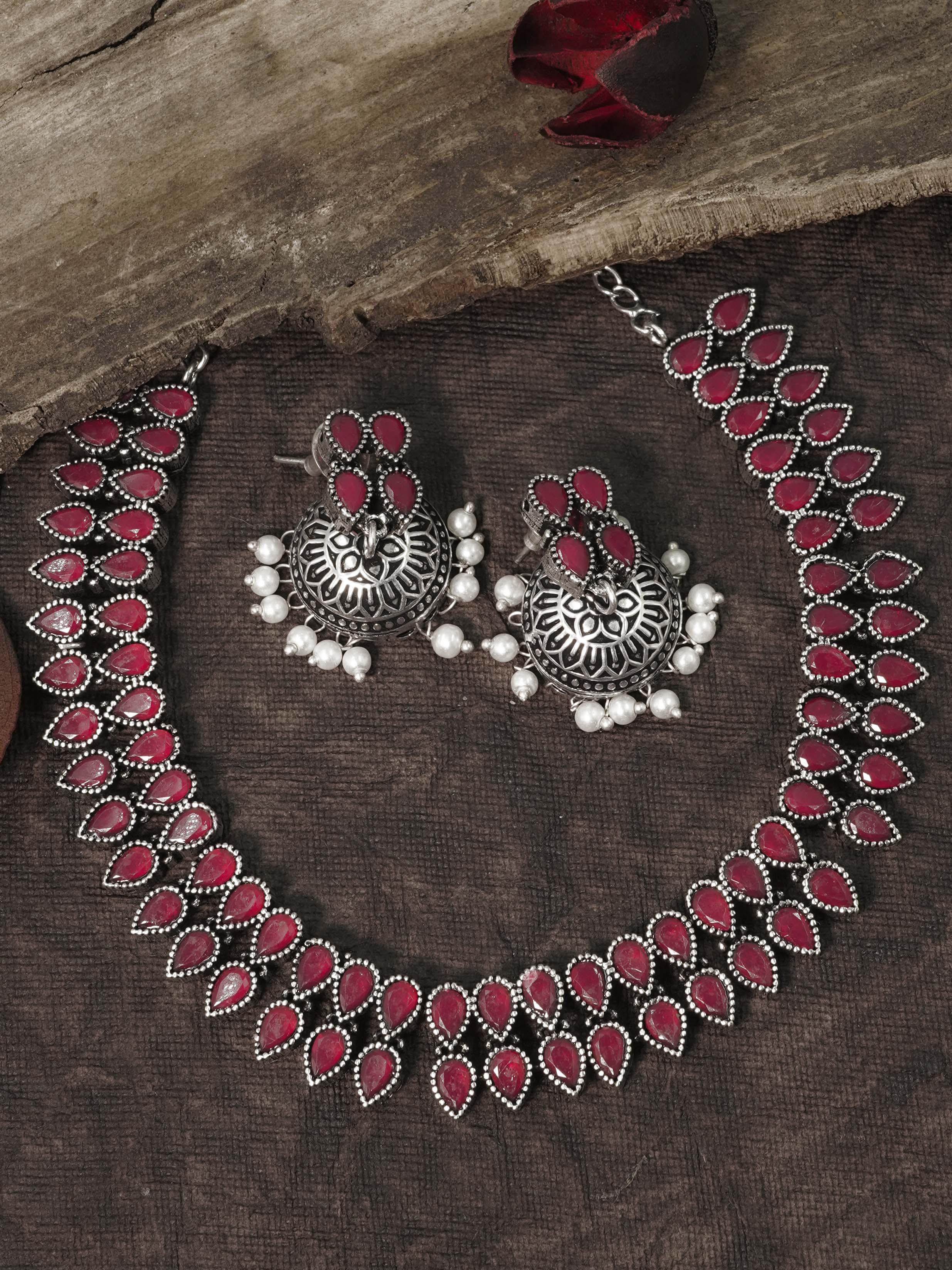 Two Line Classy Oxidised Necklace Set with different colour stones Options 11942N - Griiham