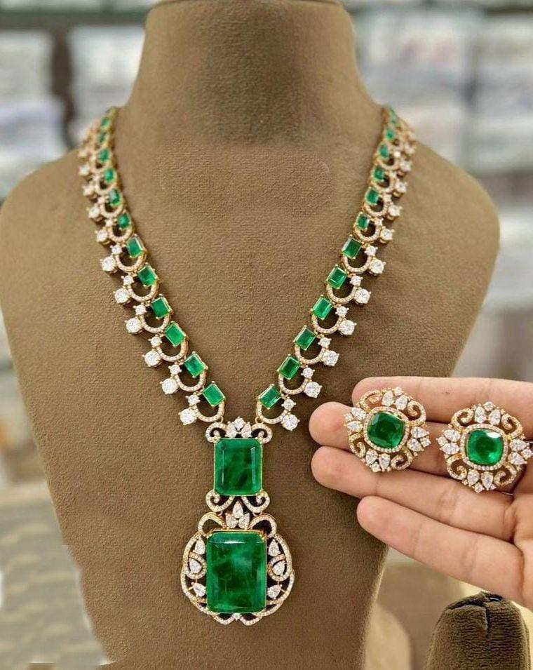 Victorian white Gold polish Ambani emerald necklace set chain with Monalisa stone 24020N - Griiham