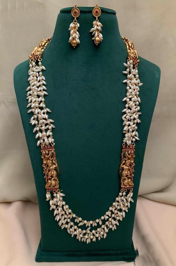 Gold Plated Rice Pearls Long Temple Hara Necklace Set