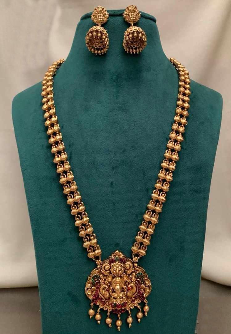 Antique Gold Plated Long Laxmi engraved Necklace Set