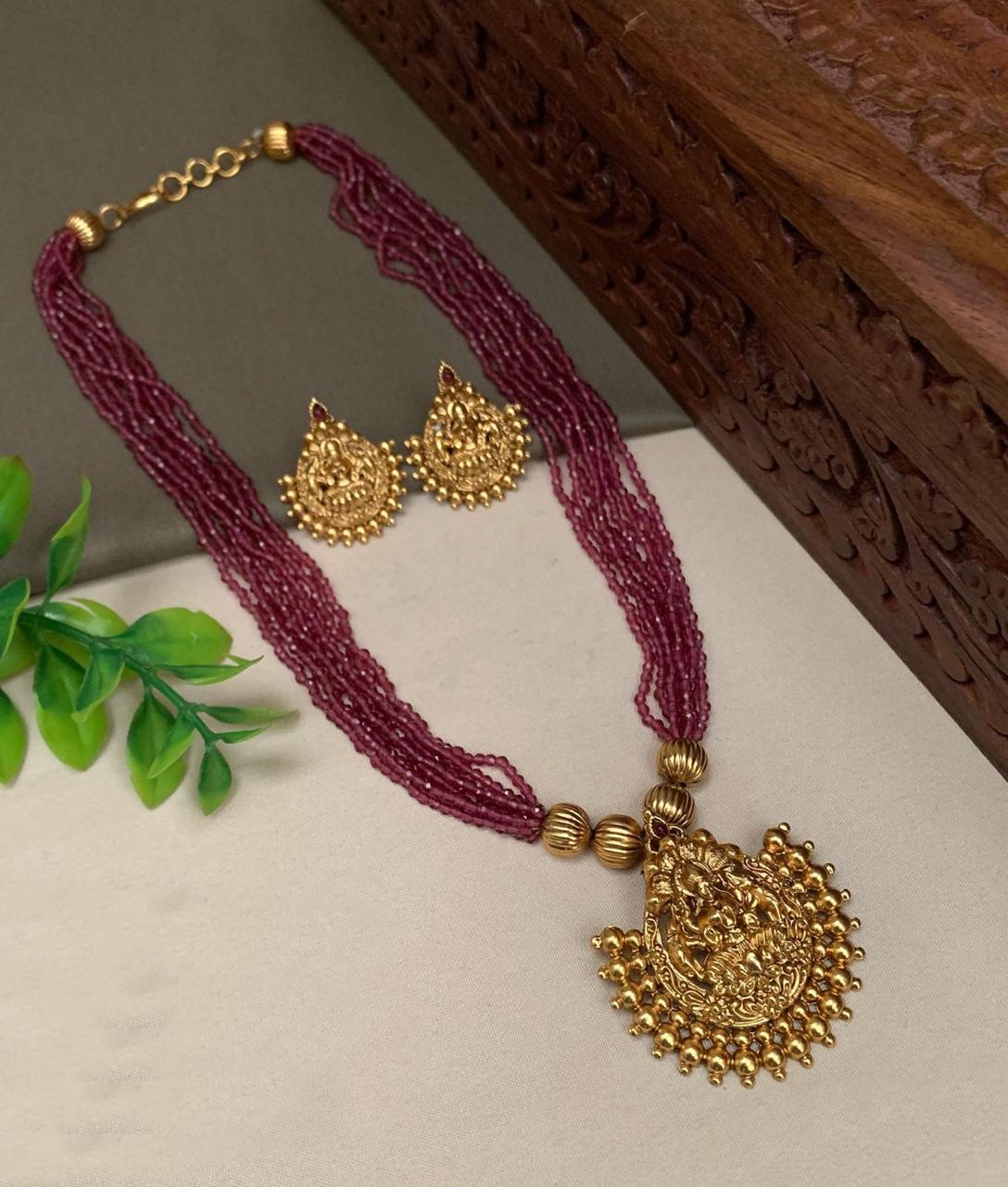 Gold Plated Long Necklace set with Beads Mala