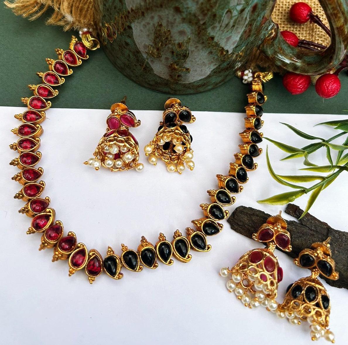 Exclusive Gold Plated Reversible (Black and Red) AD Necklace Set