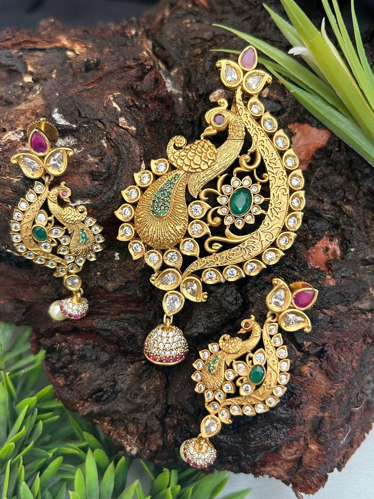 Antique Gold Finish Multi Color Stone Studded Peacock Pendant Set with pearl drops