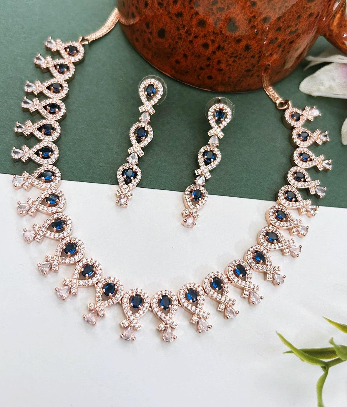 Premium White Gold Plated Sayara Collection designer Necklace set with blue stones