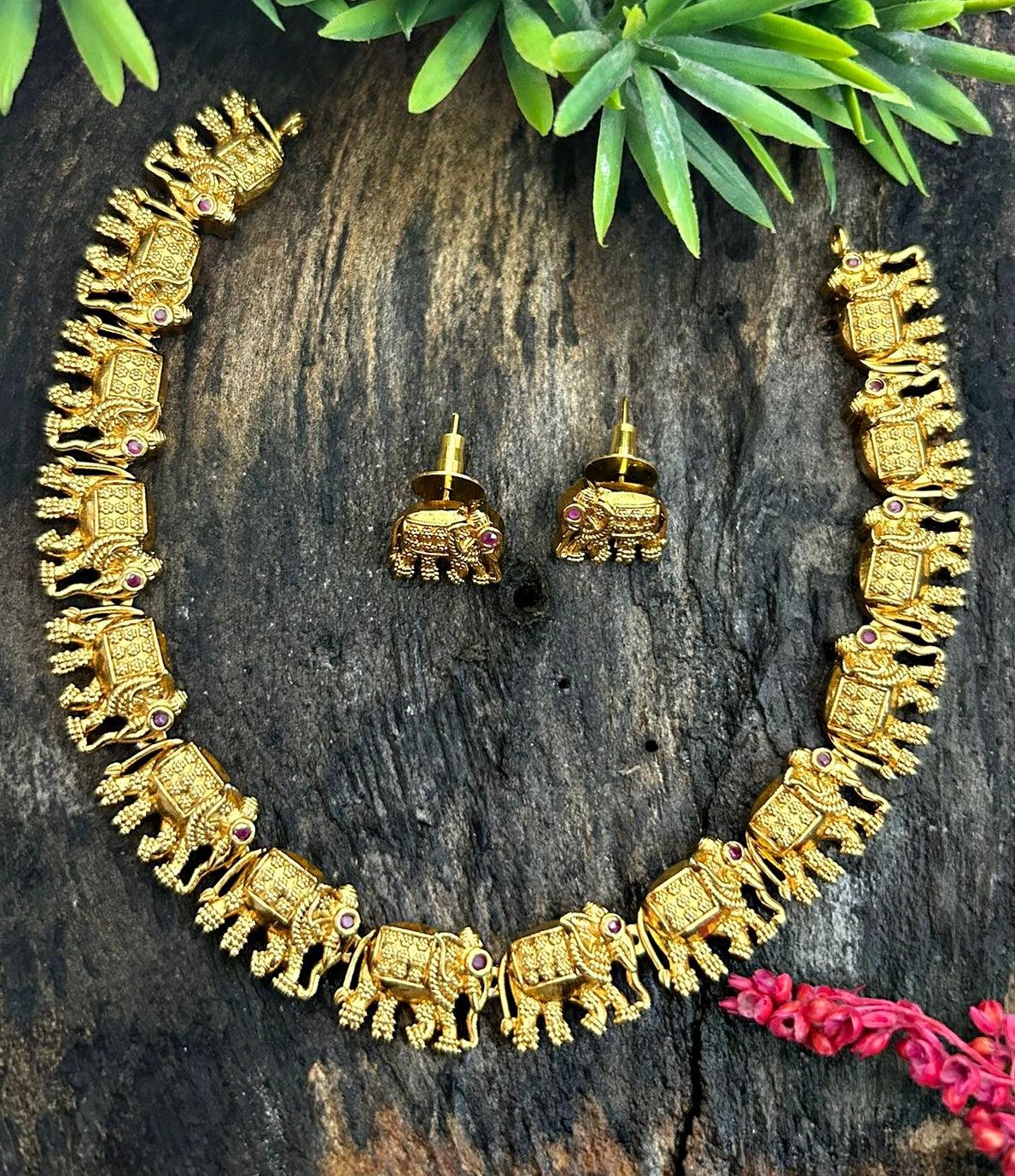 Gold Plated short elephant motif  Necklace Set