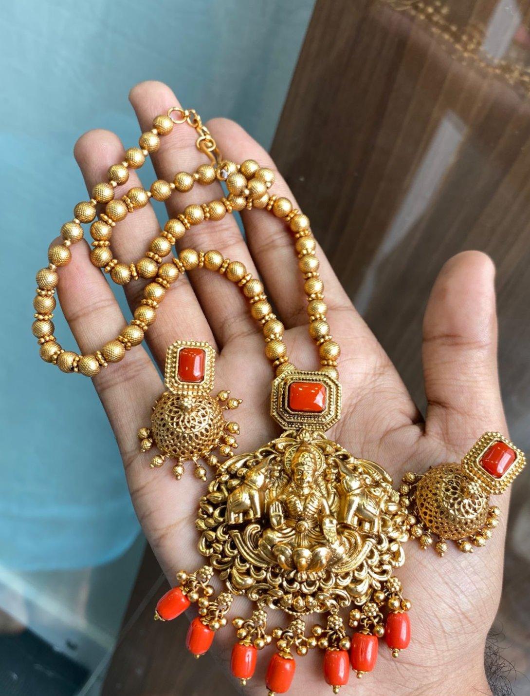 Gold Plated In Coral Beads Long Necklace Set