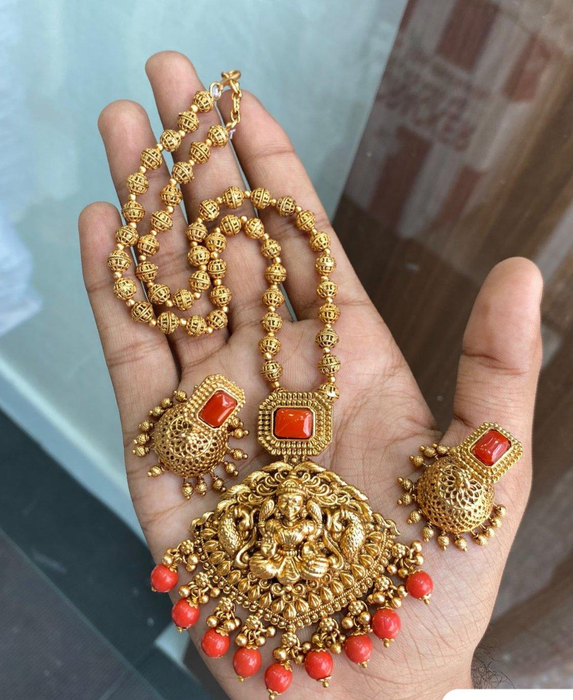 Gold Plated In Coral Beads Long Necklace Set