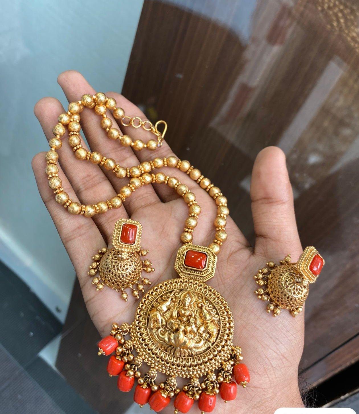 Gold Plated In Coral Beads Long Necklace Set