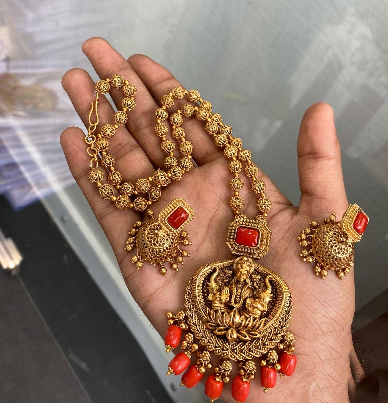 Gold Plated In Coral Beads Long Necklace Set