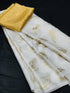 White Golden Leaf pattern white satin silk saree