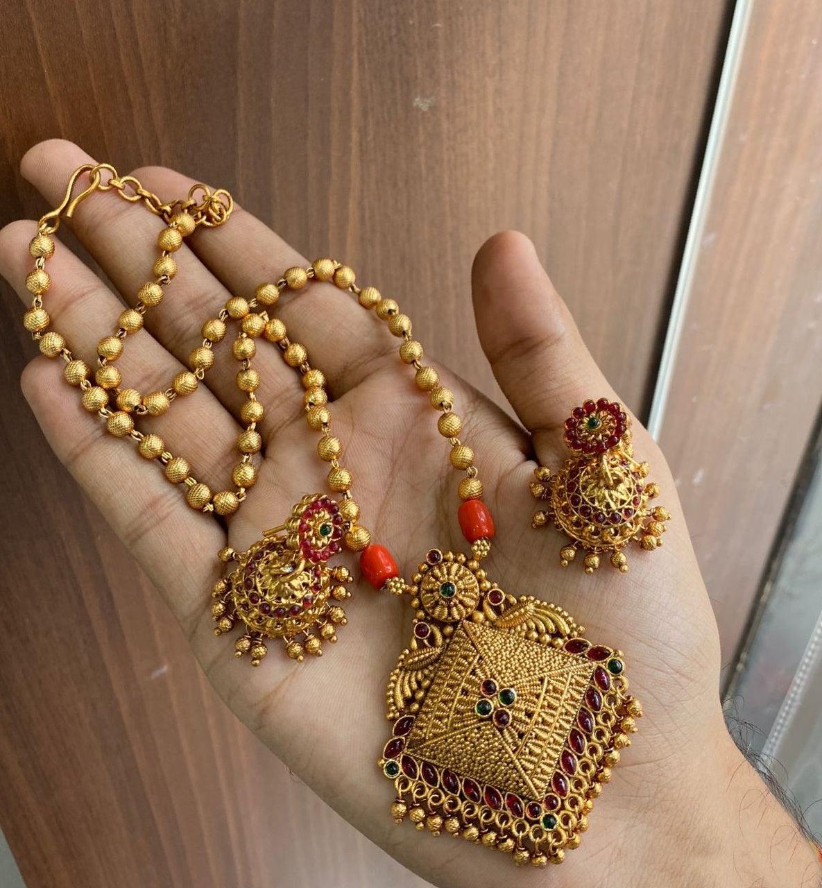 Gold Plated In Coral Beads Long Necklace Set