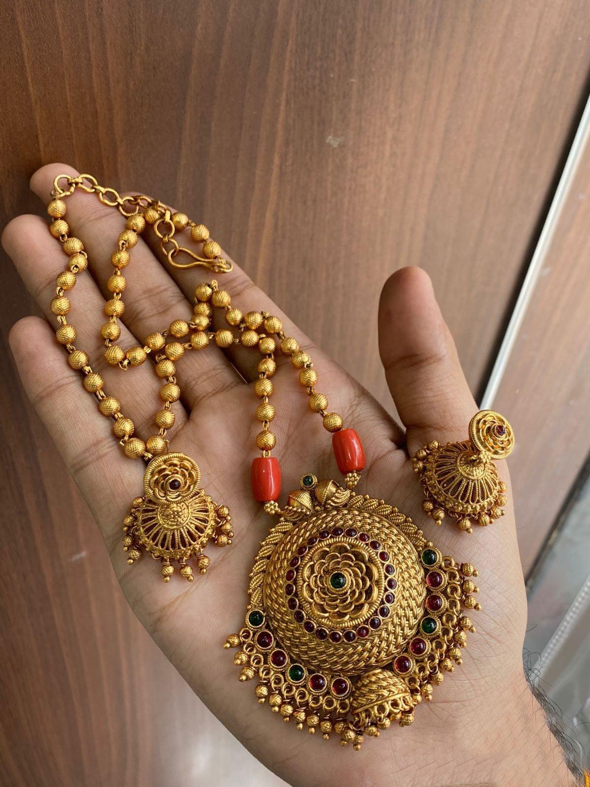 Gold Plated In Coral Beads Long Necklace Set