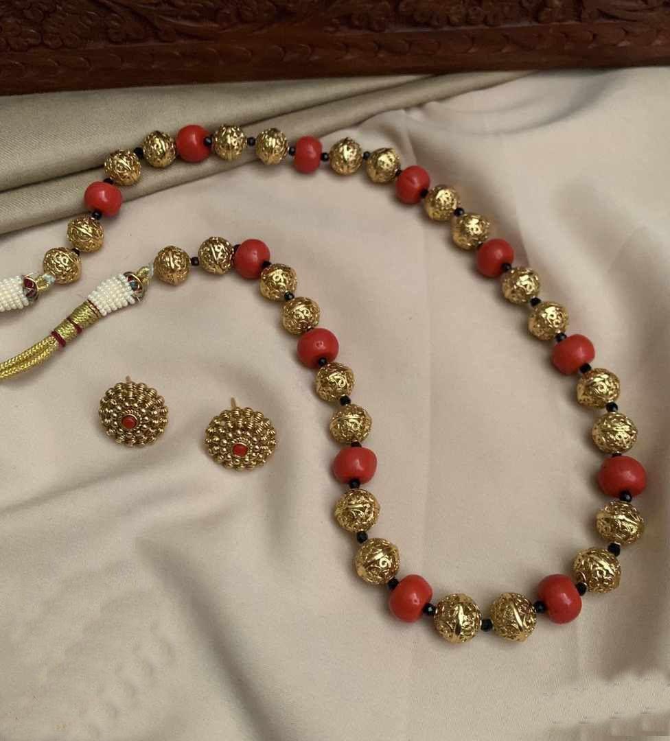 Gold Plated In Coral Beads Long Necklace Set