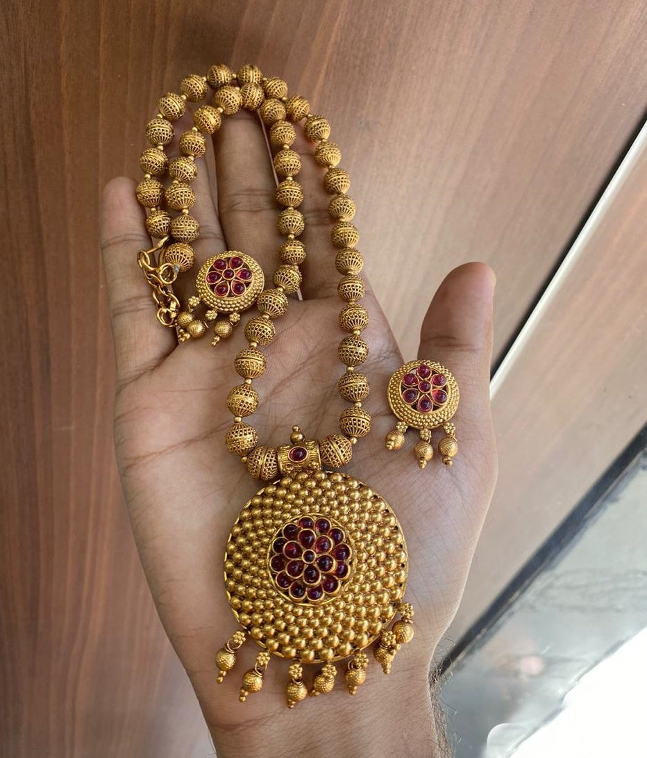 Gold Plated In Coral Beads Long Necklace Set