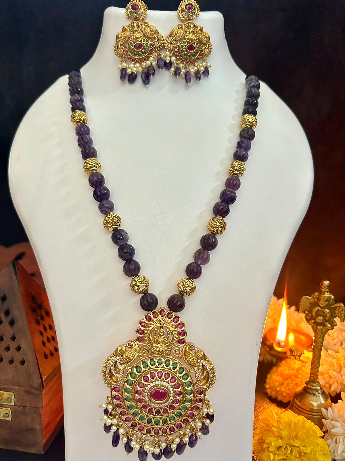 Premium Timeless Collection Temple Pendant with Natural Stone Mala Amethyst Pumpin Necklace Set