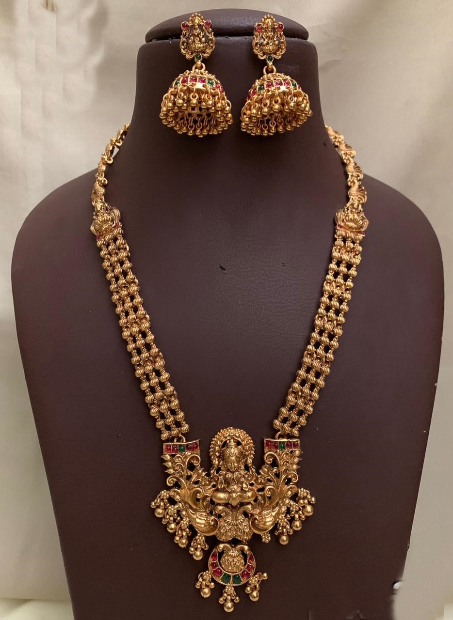 Gold Plated Long Necklace Set with Laxmi