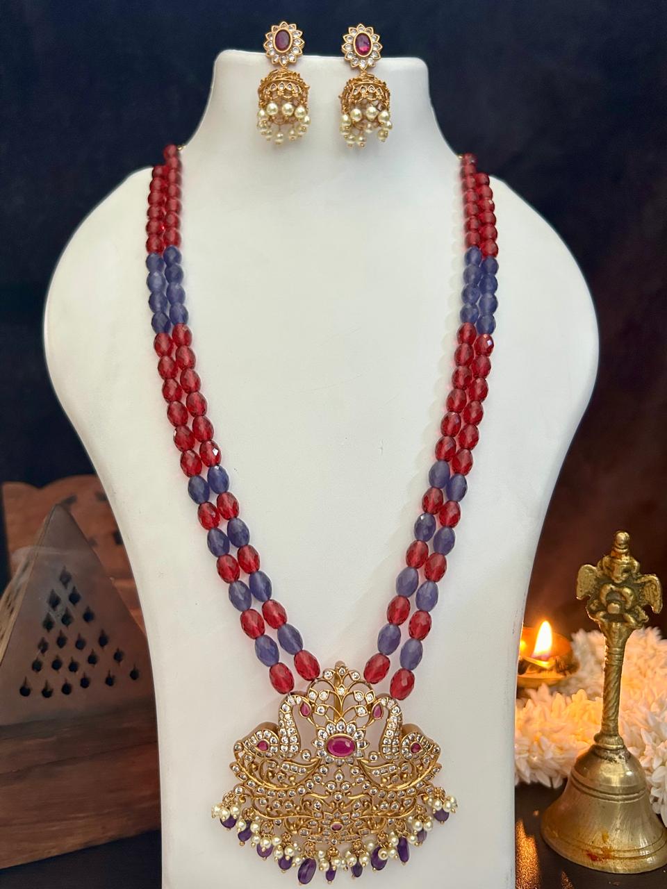 Premium Timeless Collection Temple Pendant Monalisa cutting Semi precious Stone Mala Necklace Set