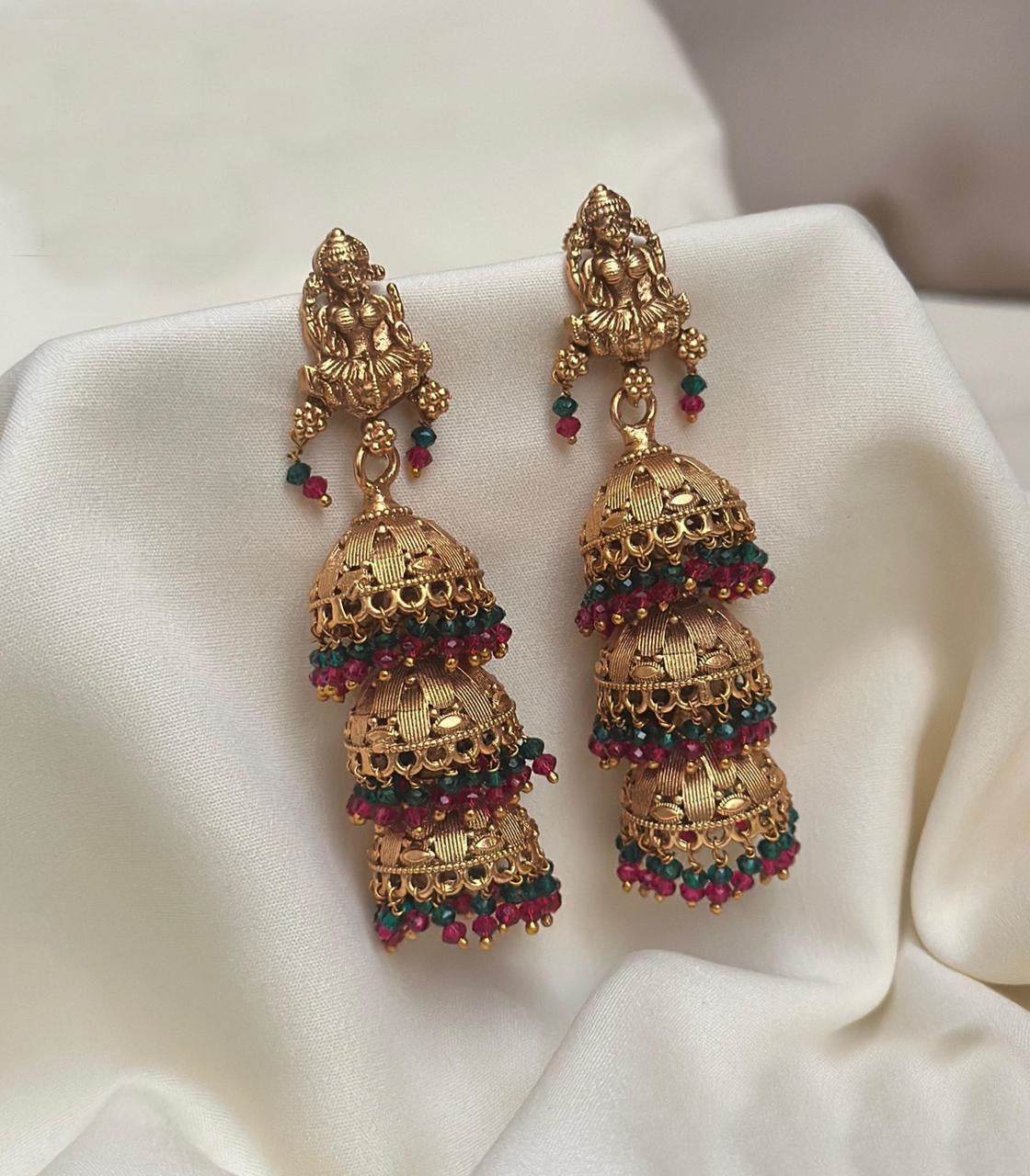 Gold plated Temple design Layered Jhumka Earrings