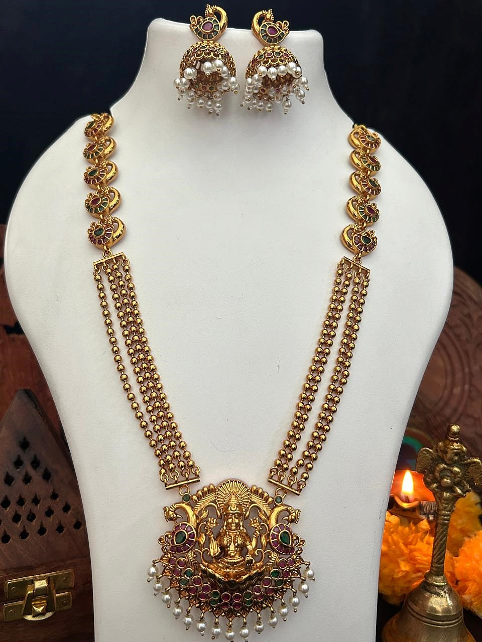 Laxmi Medium Length Necklace Set with Brass Premium Material