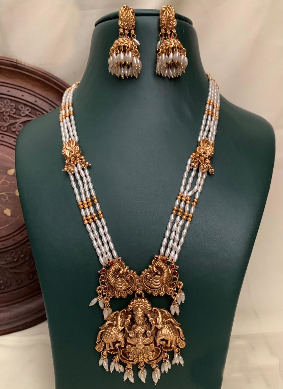 Gold Plated Rice Pearls Long Temple Hara Necklace Set