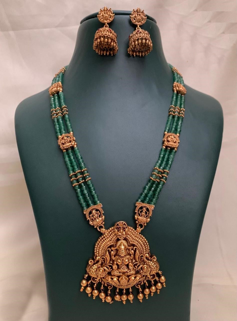 Gold Plated Long Necklace Set in green natural stones