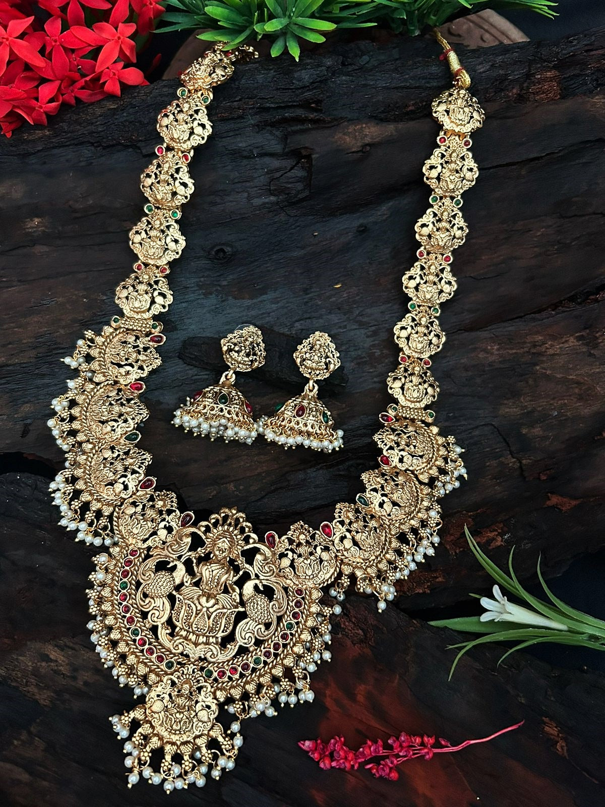 Gold Plated Rice Pearls Long Temple Hara Necklace Set