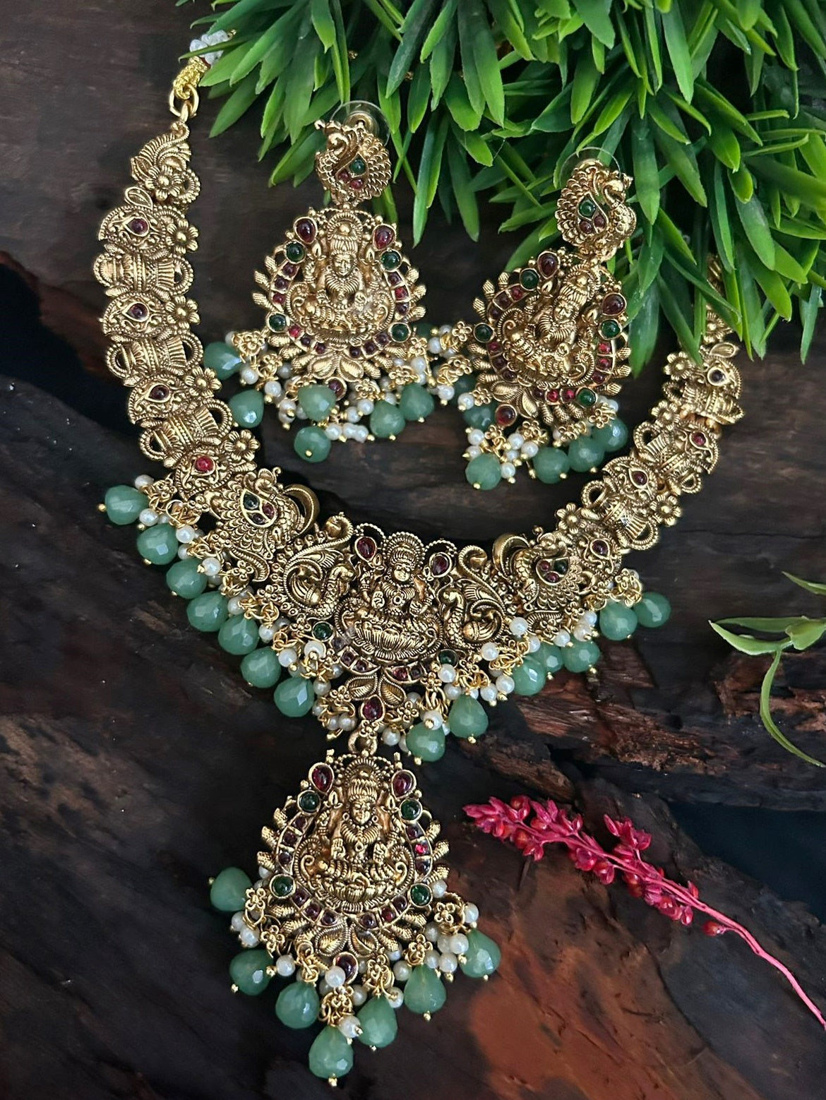 Gold Plated Necklace Set in Laxmi Temple pattern