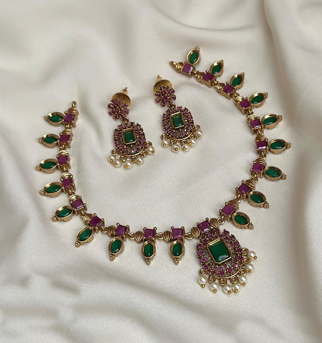 Premium Sayara Collection Elegant Ruby & emerald Necklace Set