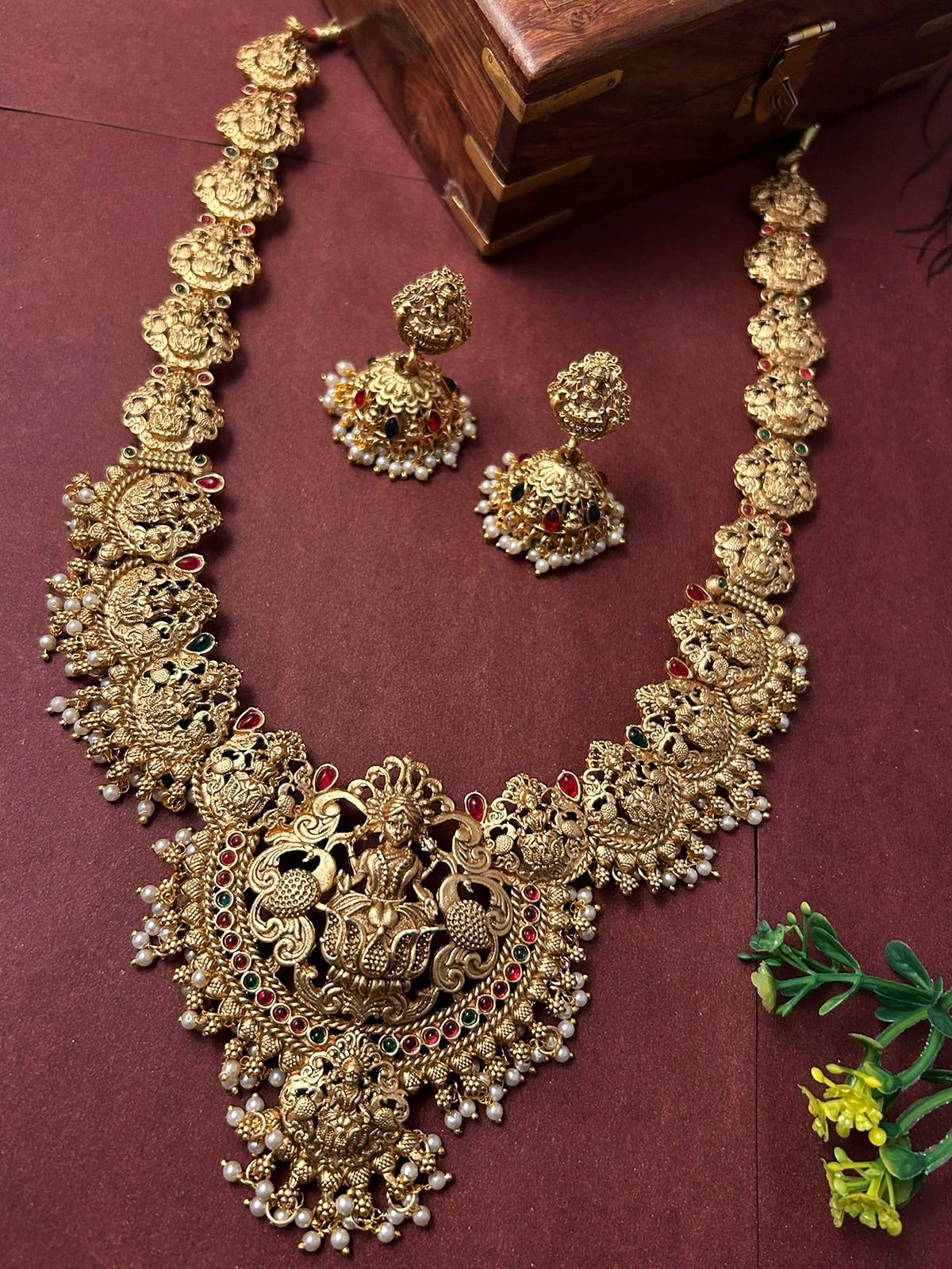 Gold Plated Rice Pearls Long Temple Hara Necklace Set