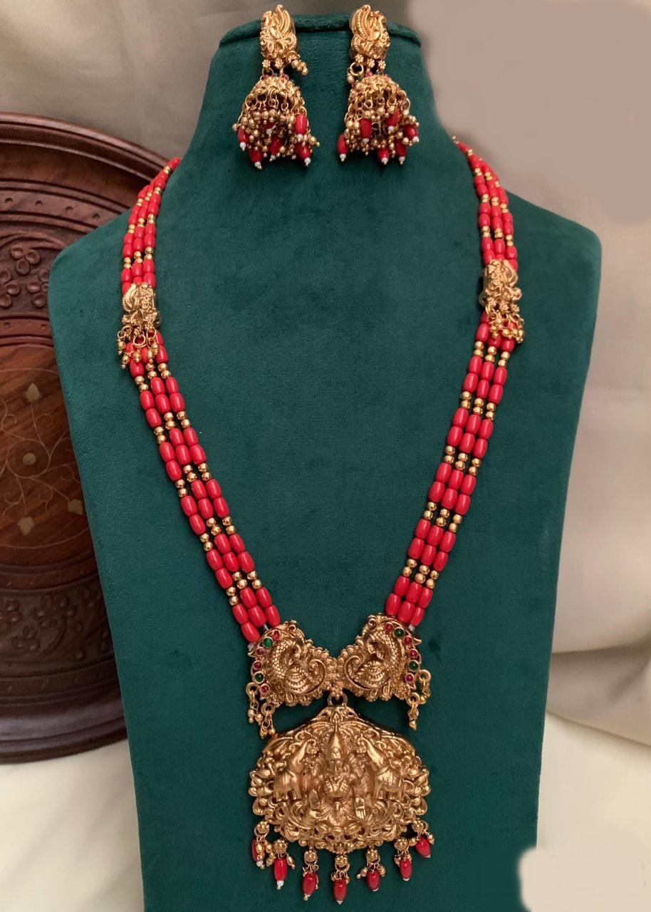 Gold Plated In 3 Layer Coral Beads Long Laxmi Necklace Set